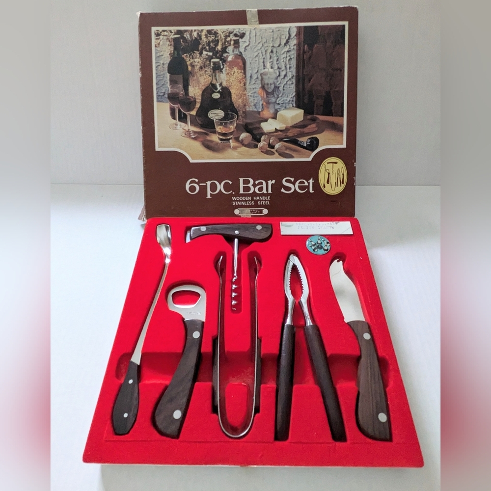 Vintage 6-Piece Bar Tools Set Stainless Steel Wooden Handles 80's Original Box